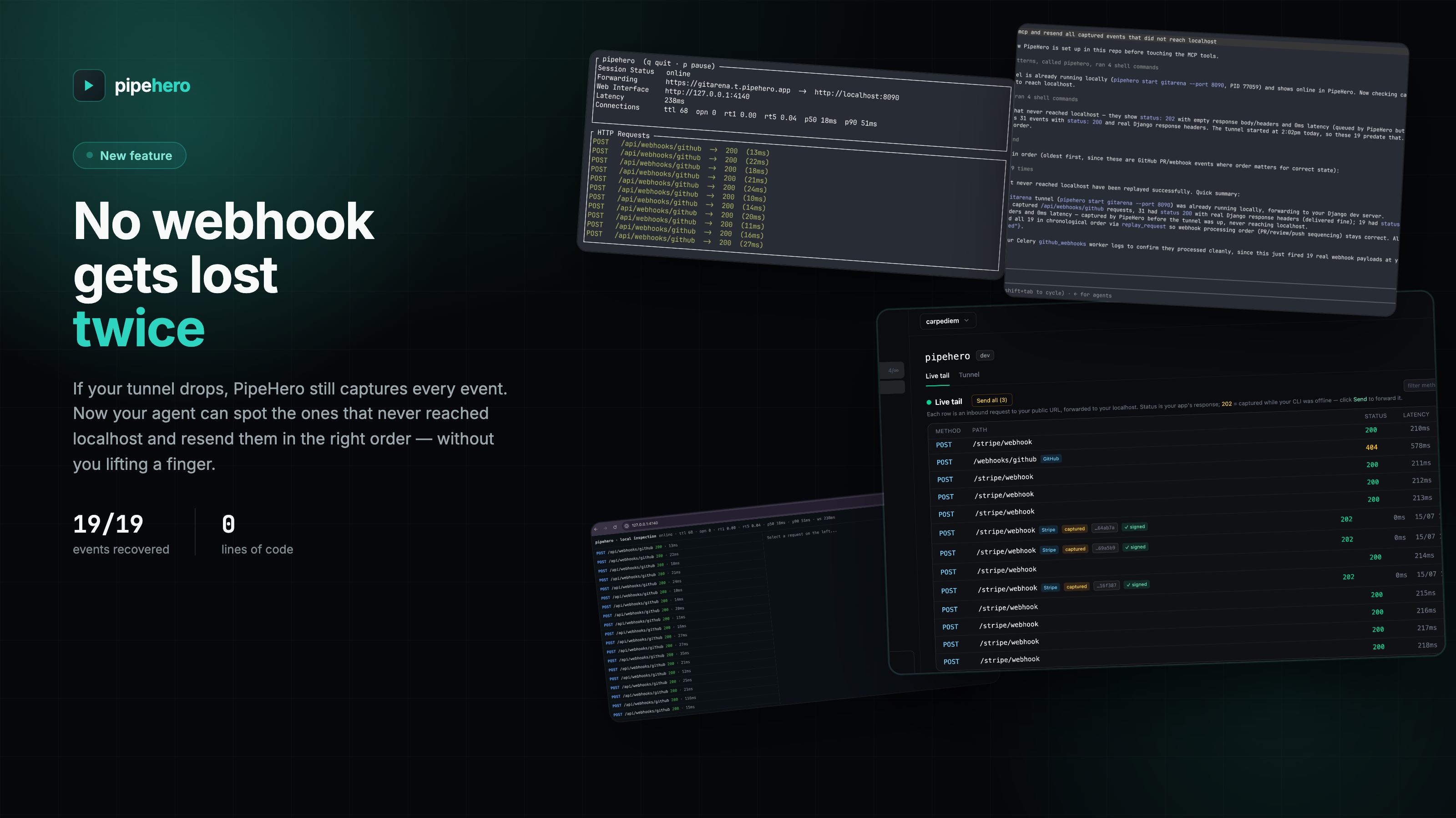 PipeHero dashboard showing a live tunnel and captured webhook requests