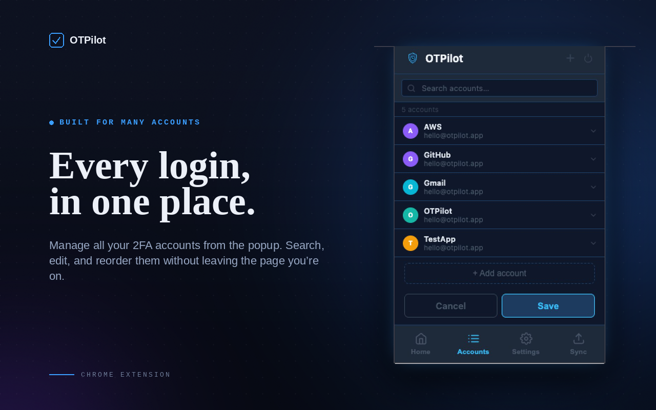 OTPilot accounts view with alphabetical list and search