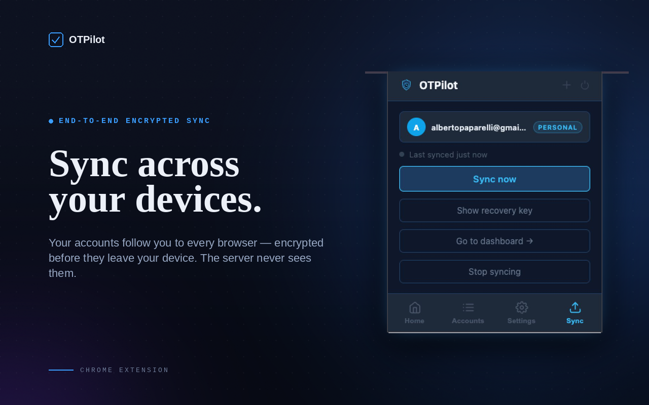 OTPilot sync panel showing last synced time and Sync now button